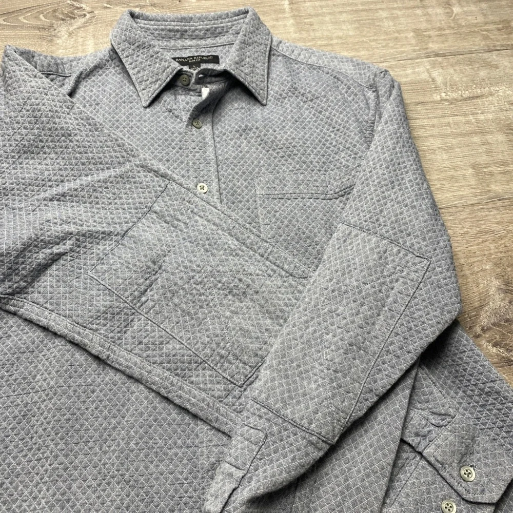 Banana Republic Shirt Slim‎ Fit Mens L Blue Quilted Diamond Cotton Elbow Patch